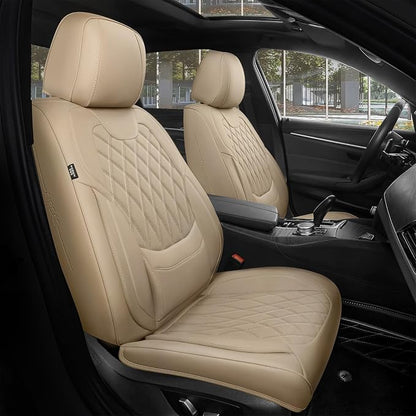 FREESOO Car Seat Covers Full Set Faux Leather Universal Fit Beige | faux nappa leather seat covers, waterproof breathable, full set lumbar support, front rear covers, fit sedans suvs pickups by FREESOO