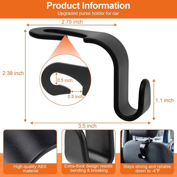 EZ COZY Purse Hook for Car 4 Pack, Deep Anti-Drop Car Seat Hooks for Headrest, Thick ABS Plastic Holds 55 Lbs, Heavy Duty Car Purse Holder & Car Accessories Interior for Handbags, Car Organizer Black - Image 4