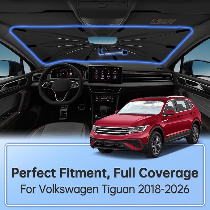 Windshield Sun Shade Umbrella for Volkswagen Tiguan 2018-2026 Front Window | 360 Rotation Foldable Car Sunshade, Highly Reflective Auto Sun Shield Cover for UV Protection, Keep Car Cool Accessories - Image 2