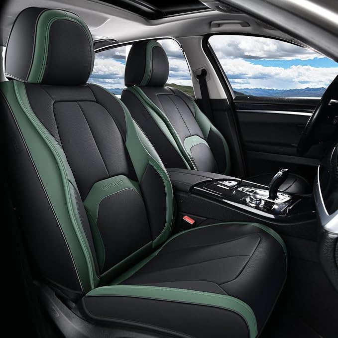 Coverado Automotive Seat Covers Front Seats, Leather Seat Covers 2 Pack, Black Green Car Seat Cover, Waterproof Car Seat Protector with Lumbar Support, Front Seat Covers Universal Fit for Most Cars by COVERADOAUTO