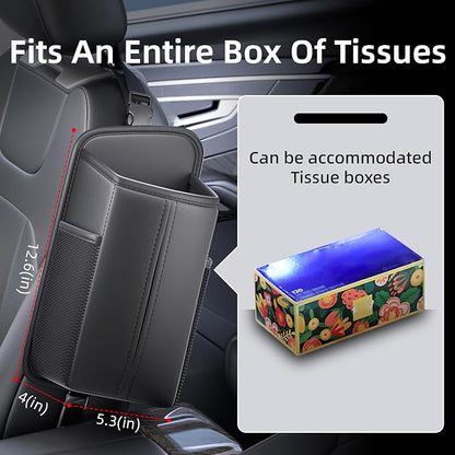 Car Tissue Holder for Front Seat | Wide Refill Opening, 2 Side Mesh Pockets for Phones & Cards, Fits 150 Tissues, Durable PU Leather car seat organizer - Image 2
