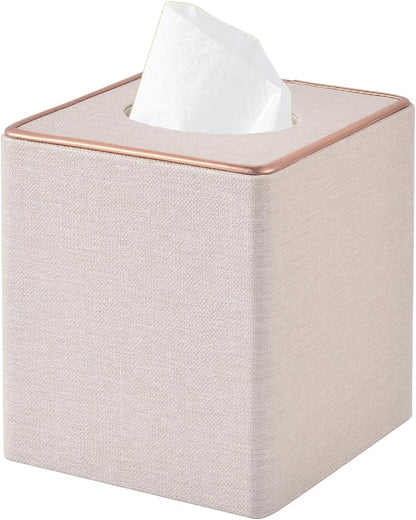 Linen Square Tissue Box Cover,Cube Tissue Box Holder－Excellent Rosegold Leather Decoration,Table Napkin Case Dispenser,Facial Tissues Organizer with Magnetic Bottom for Home Office Car(Beige) by RHCSZ