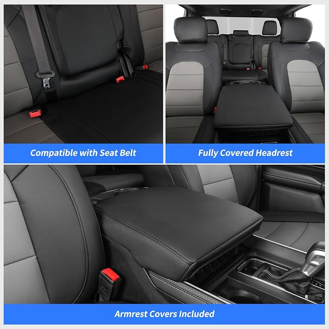 Custom Seat Covers for 2019-2026 Ram 2500/3500 CrewCab Bighorn,Faux Leather | Full Set Heavy Duty Pickup Seat Cushion,Front w/No Headrest Cutout,Rear 40/60 Split Curved Bench Seat,Black/Grey - Image 8