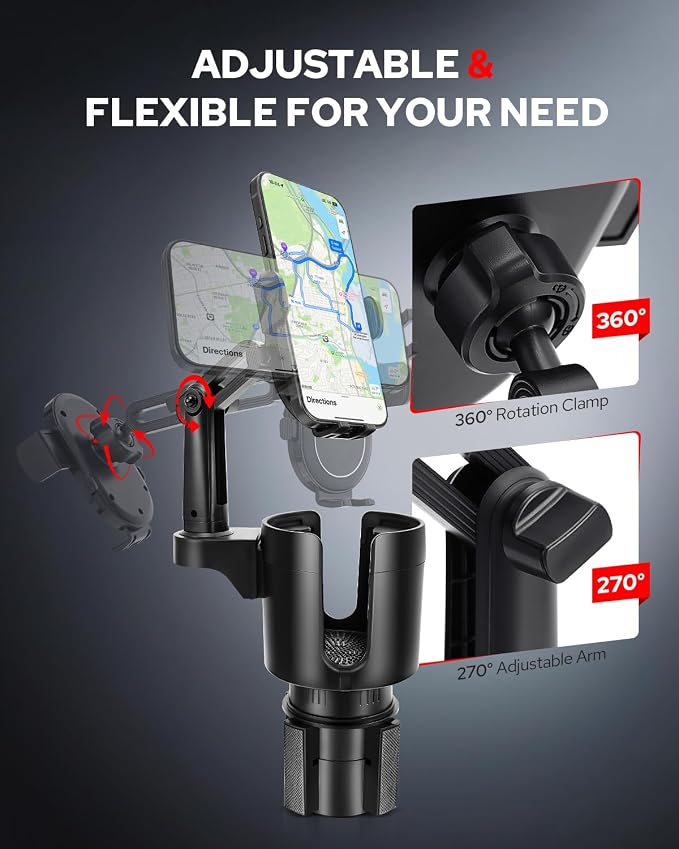 Upgraded Car Phone Holder - 2 in 1 Adjustable Cup Holder Expander Support 360° Degree Rotation - Car Cup Holder Phone Mount Compatible with All Smartphones - Image 6