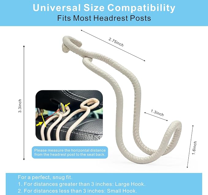 Car Seat Back Organizer Hooks 2 Pack with Anti-Drop Loop - Beige Leather/2S | Space Saving Car Headrest Hangers for Women Men, Universal Car Bag Holder for SUV Truck for Front and Back Seat Storage - Image 2