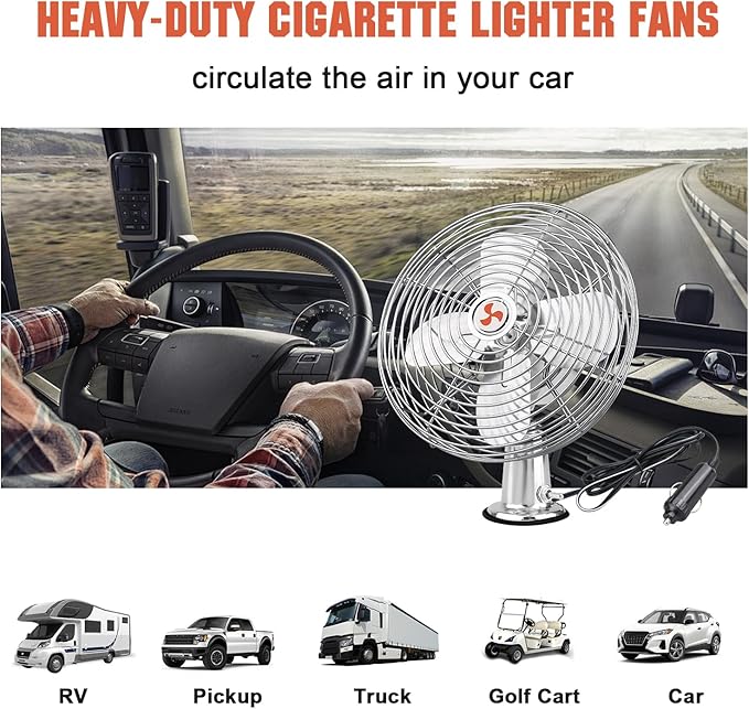 12V Portable Fan RV | Truck Cooling Heavy Duty 9" Metal Clip-On Car Fan Bus | Boat | Forklift | Car | Camper | Lawn | Mower | Tractor 2-Speed High Velocity Silver - Image 3