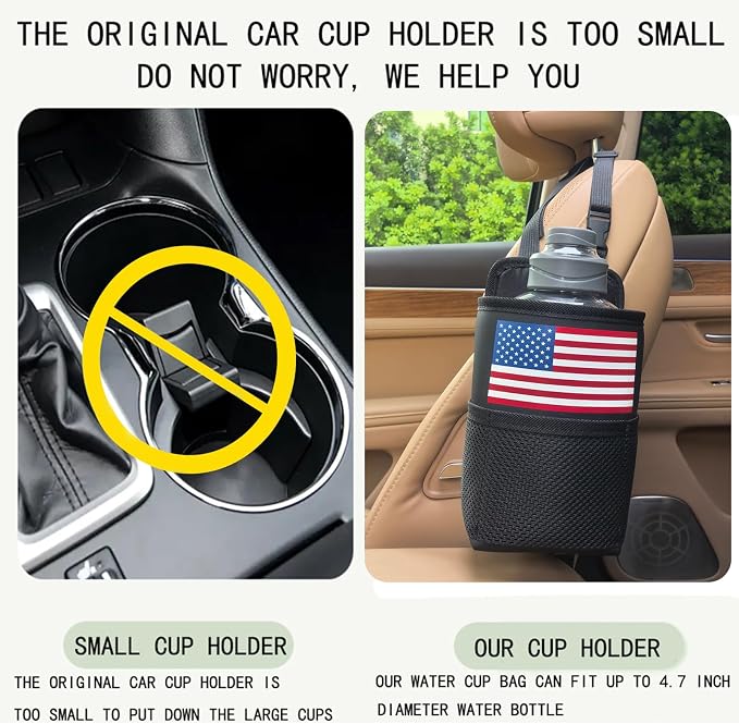 Large Car Cup Holder Expander Big Drinks Holder Bag (Black-US Flag) | Fits Large 24/36/40/46oz Water Bottles,- Universal Auto Vehicle for Cars, SUV & Truck RV's golf-carts - Image 2