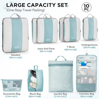 OlarHike 10 Set Compression Packing Cubes for Travel Essentials,Compressible Expandable Space Saver Bags for Organizing Clothes,Luggage Suitcase Garment Bags with Over 1000 pcs Mesh Holes(Blue Gray) - Image 2