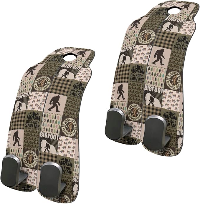 Car Seat Back Headrest Hooks - 2 Pack, Bigfoot Patchwork Pattern Purse Hook for Car, Metal Leather Multifunctional Auto Hanger Organizer for Bags Water Bottles Phones - Image 3