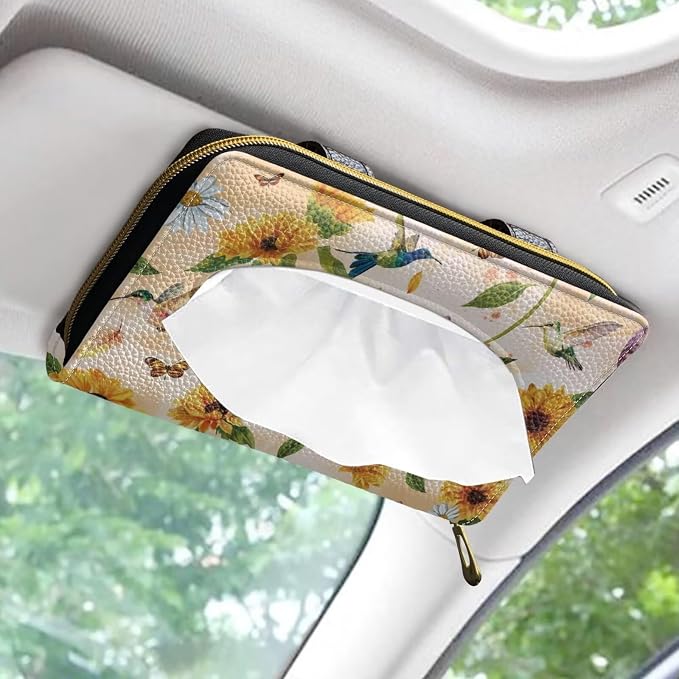 Biyejit Car Tissue Holder, Sunflower Hummingbirds Car Visor Tissue Holder for Car PU Leather Tissue Box Holder for Car Sun Visor & Seat Back - Image 2