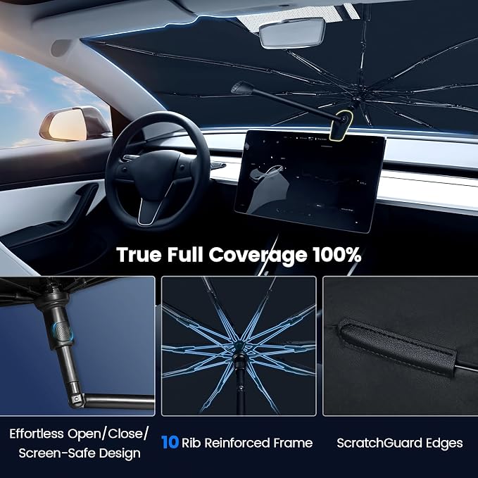 Windshield Sun Shade Umbrella for 2022-2026 Toyota Corolla Cross | 360° Bendable Handle, 10-Rib Frame, Ice Crystal Coating, Sunshade for UV & Heat Block, Corolla Cross Accessories - Image 3