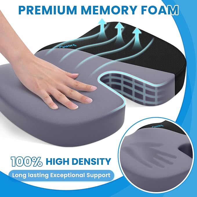 Seat Cushion for Office Chair, Memory Foam Chair Cushion, Black | Office Chair Cushion for Car, Airplane - Chair Pad, Butt Pillow for Long Sitting Sciatica, Hip, Coccyx,Tailbone Pain Relief - Image 3