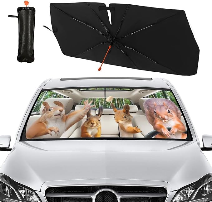 Socira Funny Squirrels Car Windshield Sunshade Umbrella Foldable Visor | Umbrella Sun Shade Cover Funny Animal Sunshade Front Window Cover Squirrels Car Accessories Blocks Uv Rays 57" X 30" - Image 8