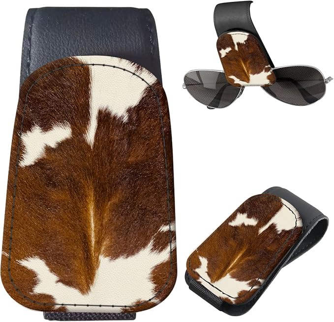 Sunglasses Holder for Car Visor, PU Leather Glasses Clip Organizer, Cute Magnetic Eyeglass Holder for Vehicle Sun Visor, Car Interior Accessory for Women & Men Brown Cow Hide by Unknown