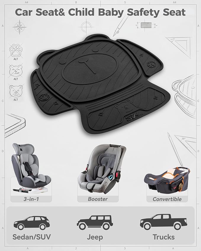 3W Car Seat Protector for Child Car Seat, Applicable to All Models | Bear Baby model, Black, TPE All Weather Heavy Duty Car Accessories, Healthy and safe - Image 2