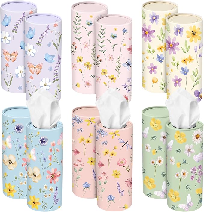 Outus 12 Pcs Floral Car Tissue Holder Cylinders with 3 Ply Facial Tissue Bulk, Portable Paper Dispenser for Cup Holder, Travel Bathroom Table Decor, Tissues Boxes Container for Home Office Party by Outus