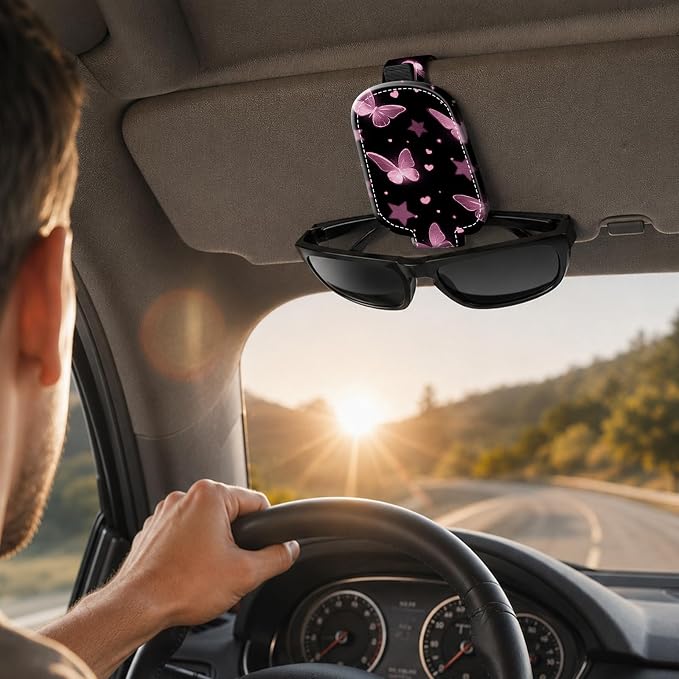 Sunglasses Holder for Car Visor, PU Leather Glasses Clip Organizer, Cute Magnetic Eyeglass Holder for Vehicle Sun Visor, Car Interior Accessory for Women & Men, Butterfly Night - Image 6