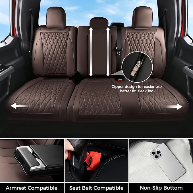 Coverado Premium Leather Full Set Seat Covers Waterproof Heavy-Duty Protectors Custom Fit for Ford F150 (2015-2026) F250/F350/F450 (2017-2026)-Coffee, Vintage Style, Scratch-Resistant - Image 5