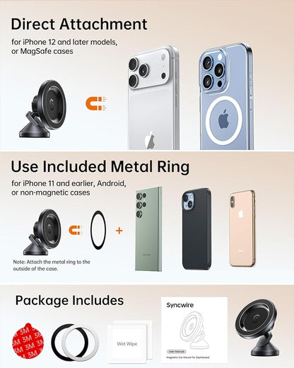 SYNCWIRE MagSafe Car Mount, Adjustable Magnetic Phone Holder, Space Gray | 360° Rotating Strong Magnet Phone Mount with 3M VHB Adhesive, Compatible with iPhone 17/16/15/14/13/12 & MagSafe Cases - Image 8
