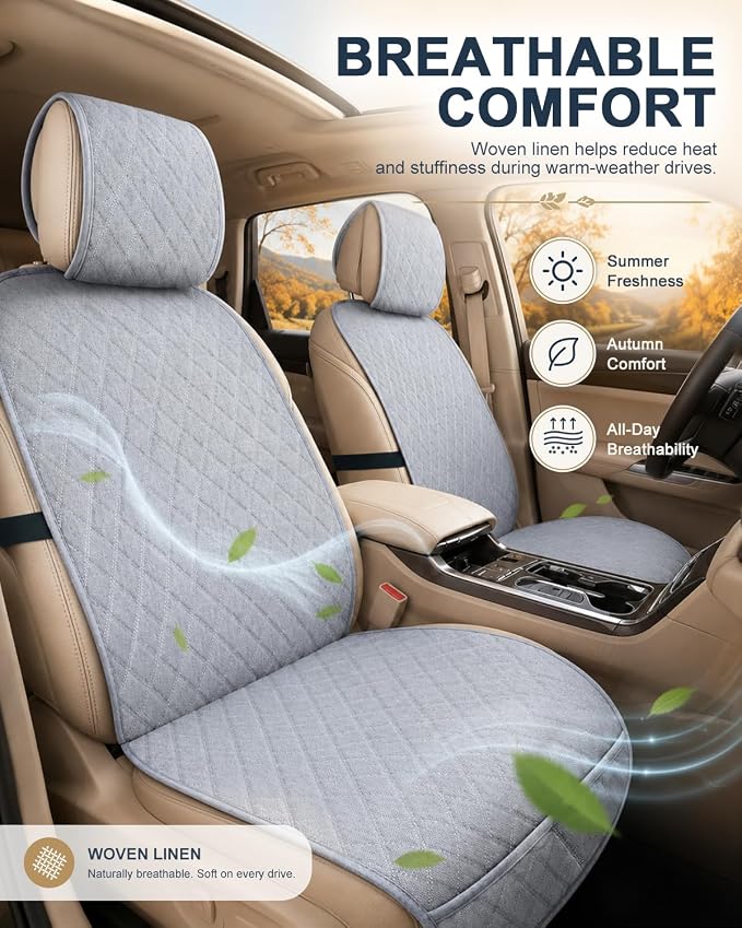 Linen Car Front Seat Covers, Breathable Linen Car Seat Protector | With A Carrying Pouch And Non-Slip Nubs On The Back; Universal Fit Cars Vans SUVs Trucks, 2 Units, Grey - Image 5