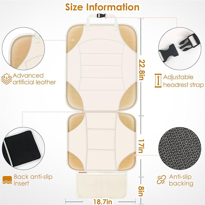 Sinvitron Car Seat Protector for Child Car Seat - Waterproof Non-Slip Leather Mat with 2 Mesh Pockets, Universal Seat Cover for Baby, Pets & Vehicles(2-Pack,Off-White) - Image 3