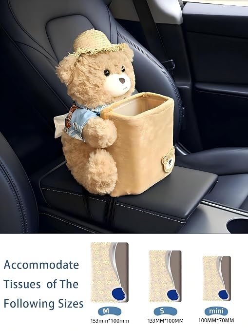 Cute Plush 2 in 1 Car Tissue Box and Trash Can Teddy Bear Tissue Box Plush Animals Cute Holder Plushie Multifunctional Organizer Creative Accessories for Women,Straw Hat Bear - Image 2