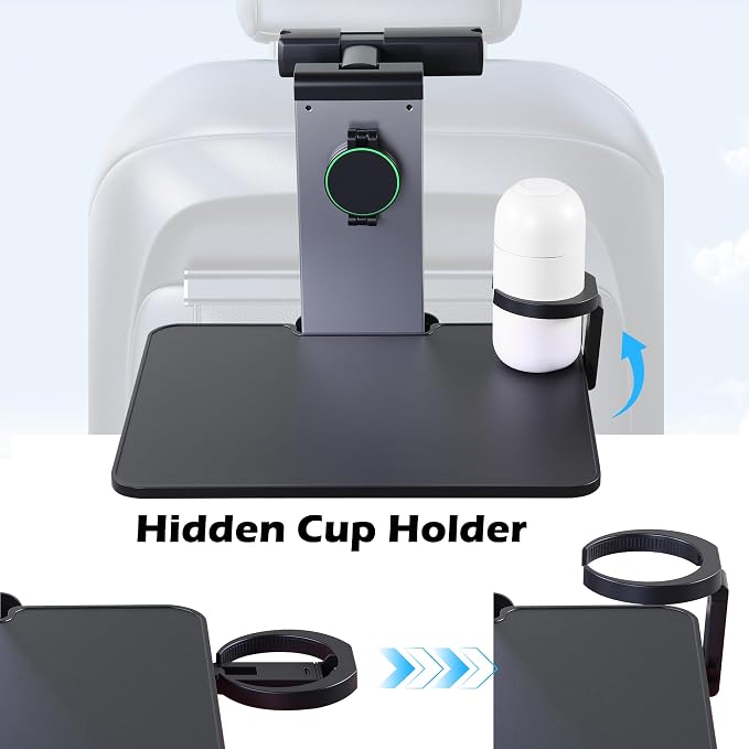 Back Seat Car Tray & Car Desk for Laptop, Wood Cup Holder Table Aluminum Cantilever Laptop Mount for Vehicle,Steering Wheel Tray Fits for Tesla Model Y/3/S Camry Forester F150 Tundra&Most Vehicles - Image 3