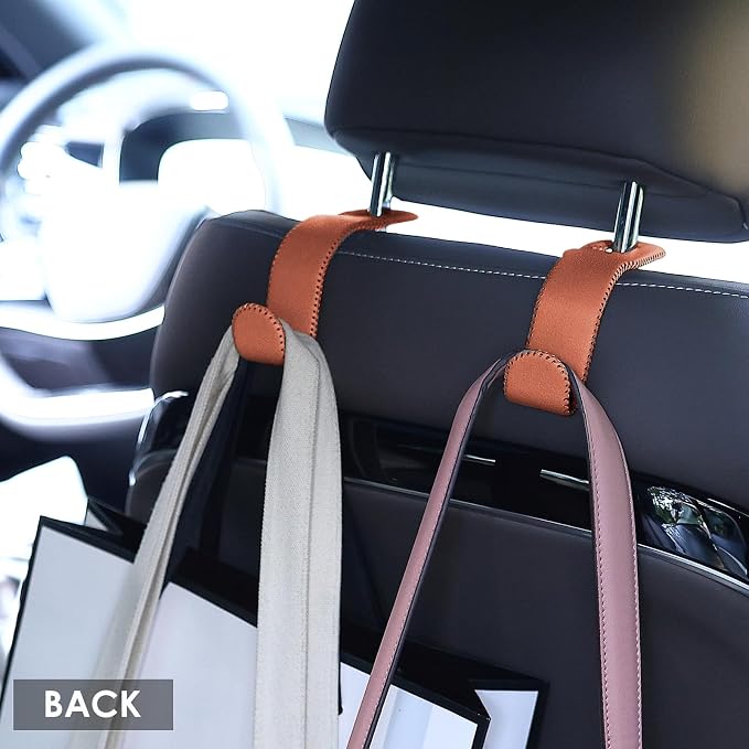 AMVOYOA Leather Hooks for Headrest - Fully Leather-Wrapped U-Shaped Purse Holder for Car, Flexible Seat Back Organizer & Durable Car Accessories for Purses, Bags, Coats & More (Brown, 2 Pack) - Image 4