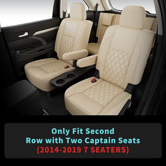 Custom Seat Covers for Toyota Highlander 2014-2019 7 Seats Beige | faux leather, 2nd row captain chairs, waterproof, breathable, airbag compatible, stain resistant, easy install, durable - Image 2