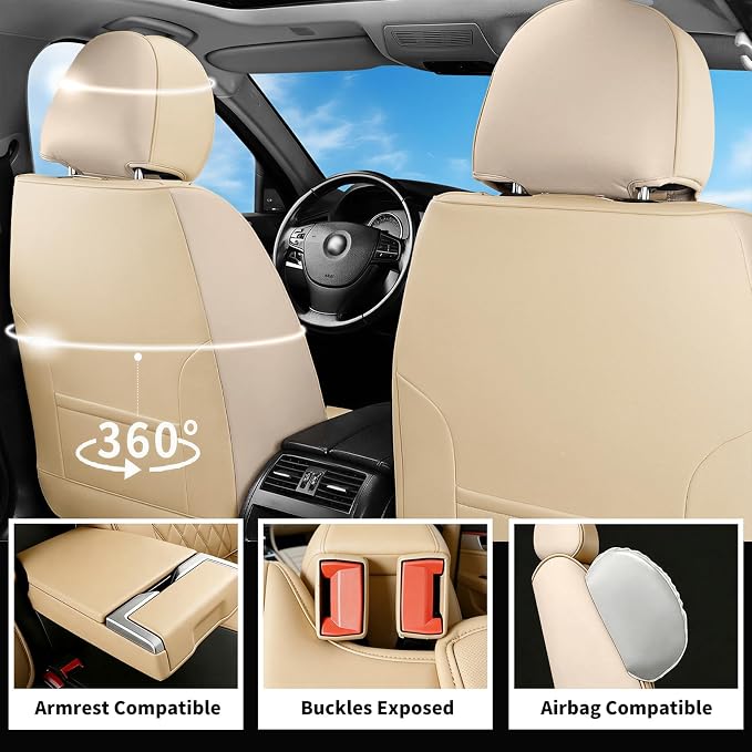 for Subaru Outback 2007-2026 Car Seat Covers, Front Pair, Beige | Luxury Full Coverage Leather Seat Protectors, Waterproof Breathable, Non-Slip, Easy to Install, Airbag Compatible, All-Season - Image 5