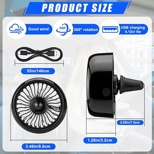 Glooglitter 2 Pcs Car Fan USB for Rear Seat Passenger Portable Headrest 360 Degree Rotatable 3 Speed 12v/ 24v Automobile Ventilation Fan with Clip for SUV Backseat, RV, Vehicles(Creative,Black) - Image 2
