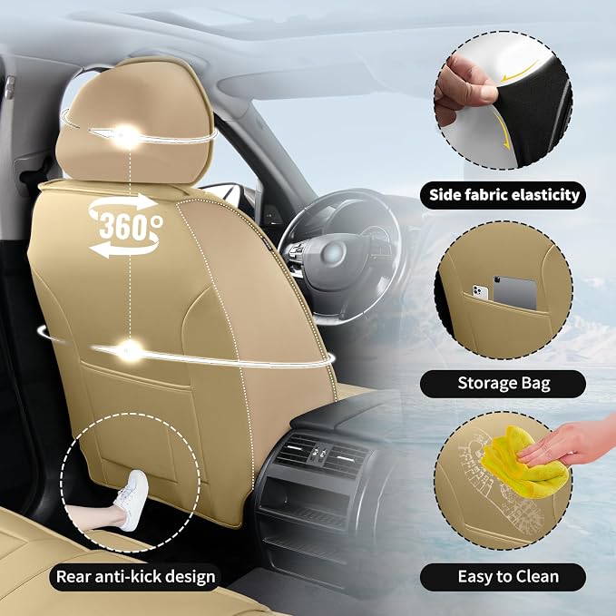 Fit CHR Premium Leather Car Seat Covers for Toyota CHR 2018-2021 2022 - Waterproof，Breathable，All-Weather Seat Cushion Protecto & Airbag Compatible, Full Set Beige - Image 4