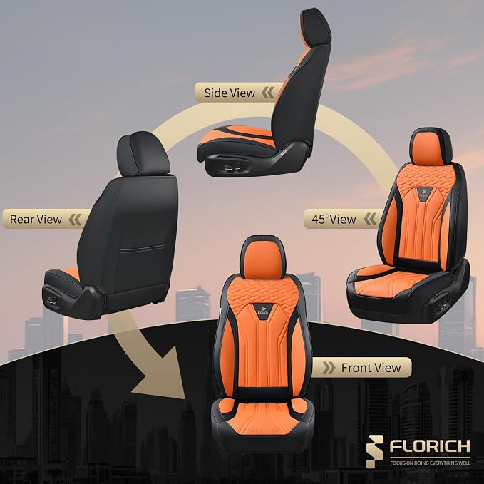 Leather Seat Covers, Car Seat Covers Full Set, Car Seat Protectors 5 Seats, Automotive Seat Covers Driver Seat Covers Fit for Most Cars Trucks SUV-Black&Orange - Image 6