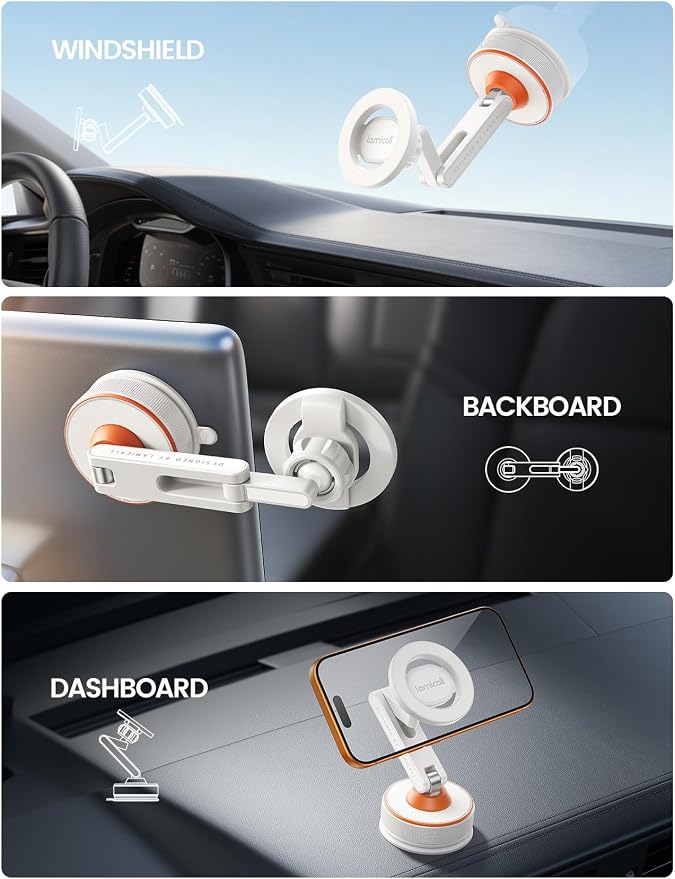 Lamicall Car Phone Holder Mount Ultra Nano Gel & 70+LBS Vacuum Suction Cup | 20X Strong Magnets 360° Phone Holders for Your Car Dashboard Windshield Car Mount for iPhone 17 16 15 Pro Max S26 S25 White - Image 2