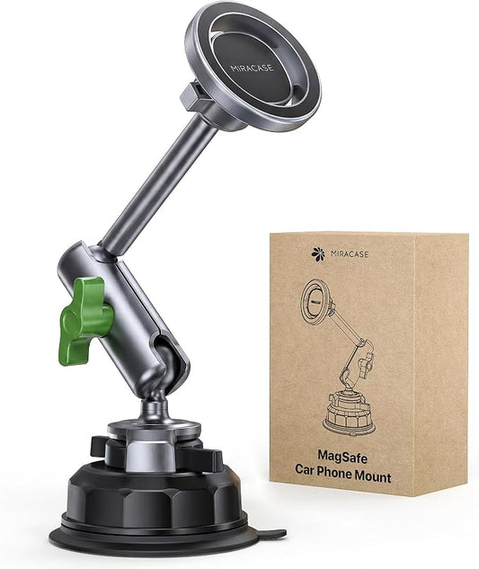 miracase Heavy Duty Aluminum Alloy Car Phone Holder for Magsafe, CNC Machined Metal Arm w/Friction Lock Joint & Large Vacuum Suction Cup, 360° Rotatable Windshield Holder for iPhone & All Smartphones by Miracase