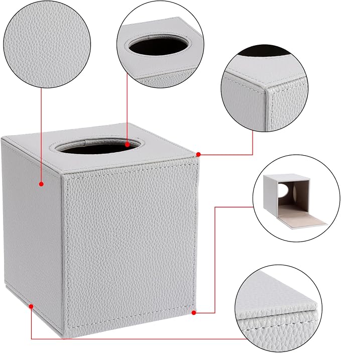 Sumnacon Tissue Box Cover Square,Magnetic Bottom PU Tissue Box Holder,Grey | Stylish Cube Leather Tissue Cover,Lychee Pattern,Decorative Tissue Box Covers for Living Room Bathroom Table Desk Office Car - Image 5