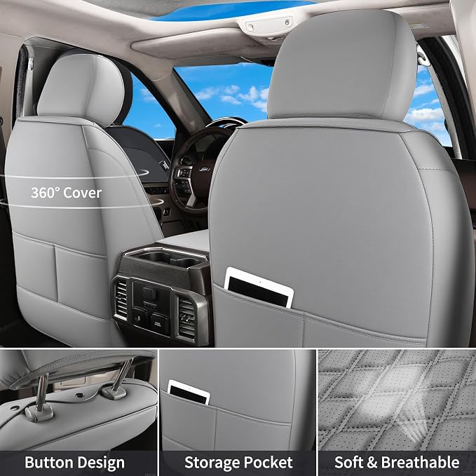Huidasource Tacoma Front&Back Seat Covers, Gray Leather Car Seat Cushion Cover Accessories Fit for 2016-2023 Double & Crew Cab Toyota Tacoma SR SR5 Limited TRD Sport/Pro/Off Road(Full Set/Gray) - Image 2