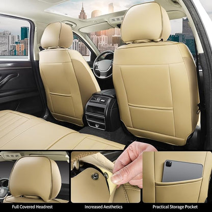 Beige Leather Seat Covers, 5 Seats Universal Car Seat Covers Full Set, Waterproof Automotive Seat Covers Breathable Front and Rear Seat Covers for Most Sedans SUVs Trucks - Image 4