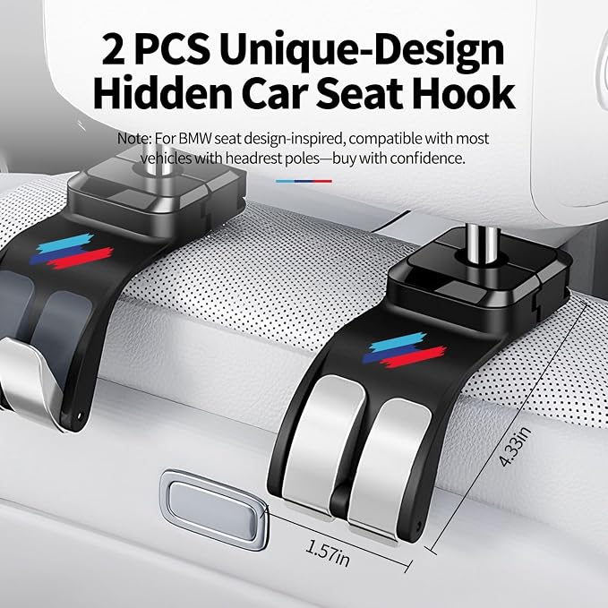2 PCS Car Headrest Hook Safe Foldable Hidden Seat Hooks for BMW | Strong Load Capacity ABS Hanger for Purse Bag Storage Organizer, for BMW 3 4 5 X1 X3 X5 Accessories with Sporty 3-Color Logo - Image 8