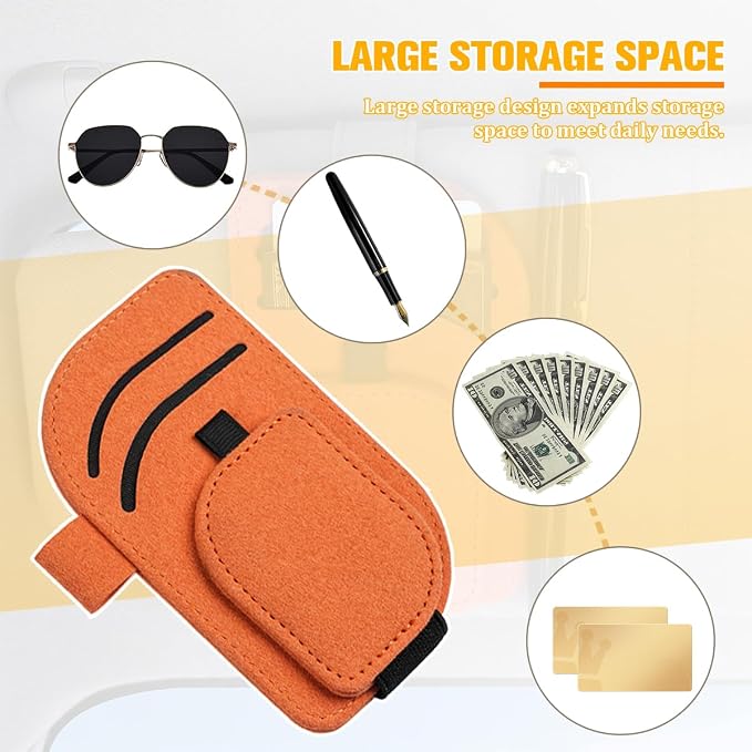 Car Sun Visor Organizer, Multi-Pocket Vehicle Sunglass Card Holder with Pen Slot, Automotive Interior Sunshade Glasses Storage Organizer, Universal Fit (Orange) - Image 6