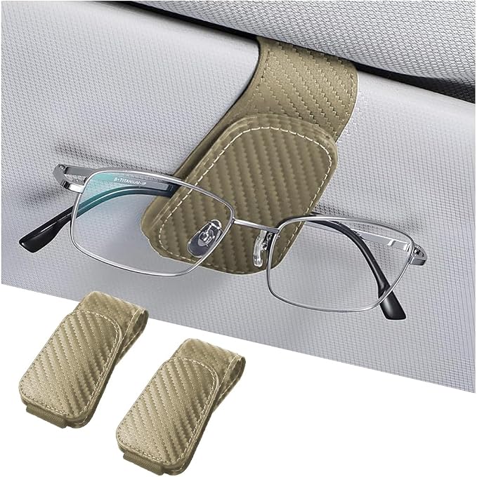 AICEL 2PCS Sunglasses Holders for Car Sun Visor, Carbon Fiber, Beige | Leather Eyeglasses Hanger Mounter, Magnetic Glasses Holder and Ticket Card Clip, Car Accessories, Universal Fit by AICEL