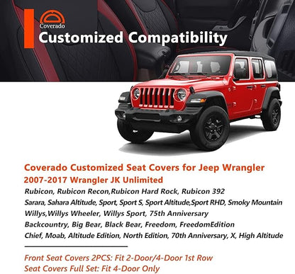 Coverado Seat Covers for Jeep Wrangler JK JL, Leather Front Seat Covers for Truck Automotive Wrangler Seat Covers Custom Fit for 2007-2026 Jeep Wrangler 2-Door/4-Door（Black） - Image 3