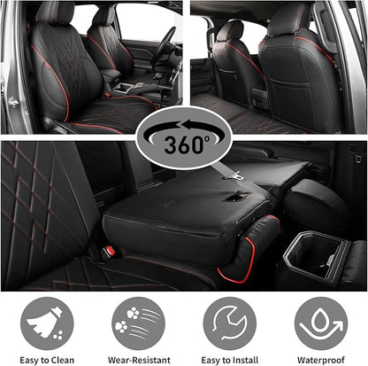 EKR Tacoma Car Seat Covers Custom Fit for Toyota Tacoma (Petrol) 2024 2025 2026 DoubleCab/CrewCab SR/SR5/TRD Sport/TRD Off-Road/Limited -Truck Seat Covers Full Set,Faux Leather(Black with Red Trim) - Image 4