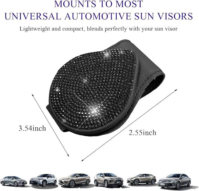 KVAEY Bling Sunglass Holder for Car Visor, Magnetic Leather Visor Clip Glasses Holder with Sparkling Rhinestones, Crystal Visor Ticket Card Clip for Women Girls, Car Accessories (Black) - Image 2