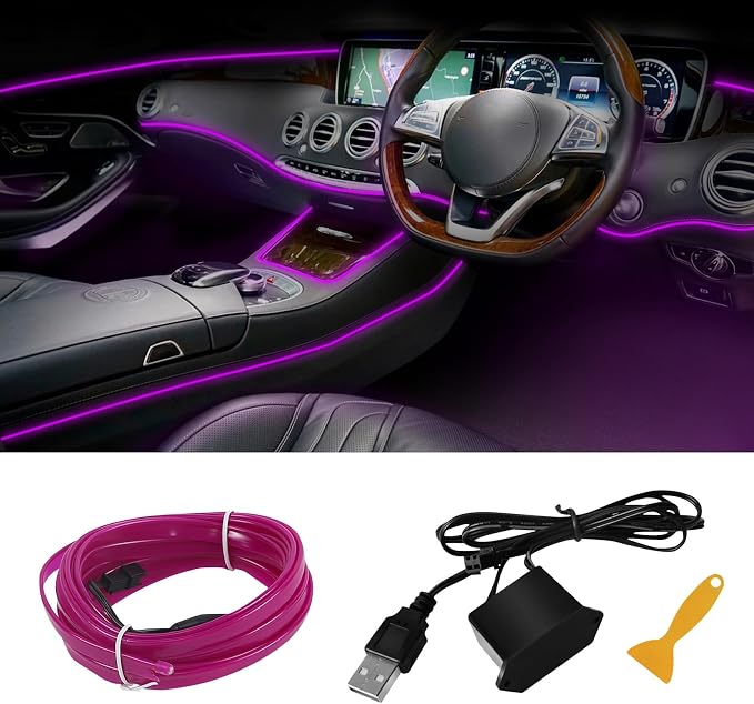EL Wire Interior Car LED Strip Lights, 16.4FT RGB USB Neon Automotive Light Strip, Electroluminescent Vehicle Ambient Lighting Kit, Interior Decoration Car Accessories (Purple) by Hbxdeco