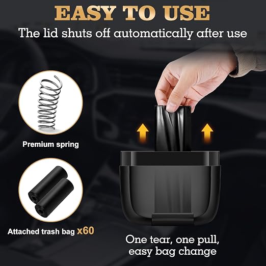 2 Pack Car Trash Can with Lid, Built-in Storage Garbage Bag, Gold | Leakproof Car Door Trash Can with Hook, 60pcs Trash Bags, Mini Automotive Garbage Bin for Vehicle, Office, Home - Image 4
