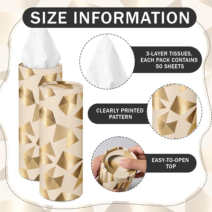 Arttown Car Tissue Holder for Cup Holder Geometric Facial Tissues 12 Pack | Gold Bulk 3-Ply,Refillable Marble Print Cylinder Tissue Boxes,Fit Car Home Office School (600 Sheets Total,50 Sheets Each) - Image 3