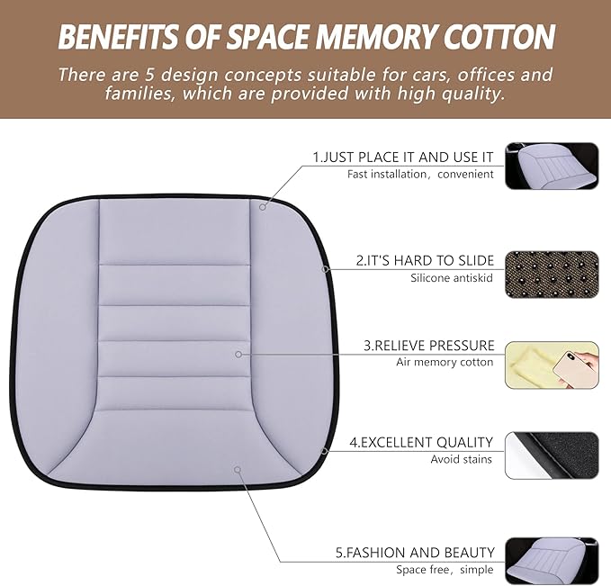 MYFAMIREA Car Seat Cushion Pad 1.2" Thick Comfort Seat Protector for Car Driver Seat Office Chair Home Use Memory Foam Seat Cushion with Non Slip Bottom, 20'' x 18.5'', Gray - Image 2