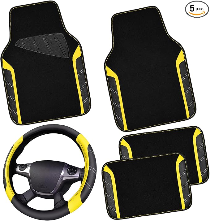 CAR PASS Leather Steering Wheel Cover and Waterproof Car Floor Mats,Microfiber Universal Car Combo Fit for 95% Sedan SUV Van Truck,14.5-15 inch Sporty Anti-Slip Safety Comfortable Design, Black＆Yellow by CARPASS