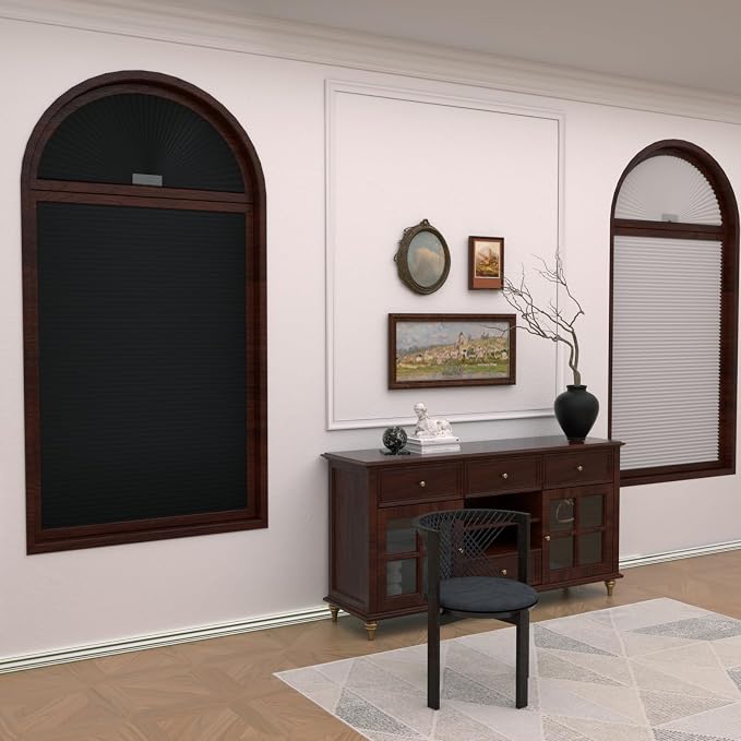Myshade Arch Window Shades Half Circle Blackout Cellular Shades Cordless No Drill Blinds for Windows Half Moon Honeycomb Fabric No Tools Room Darkening Shades Easy Install (1PCS Black 72" W X 36" H) - Image 5